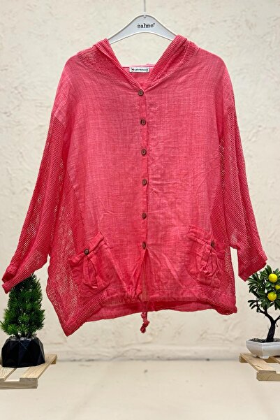 sahnemoda Cardigan cu glugă din in și garnitură laterală din plasă