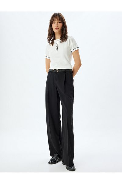 Koton Cotton Slim Fit Short Sleeve T-Shirt - Crew Neck, Button and Contrast Detail