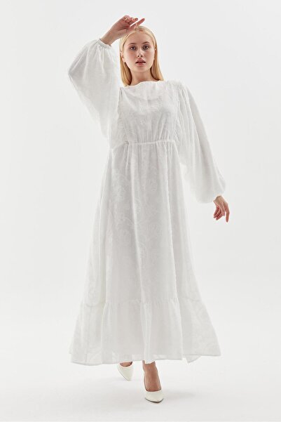 MODAJİN Dadali Beli Lastikli Yarasa Kol Elbise Ekru