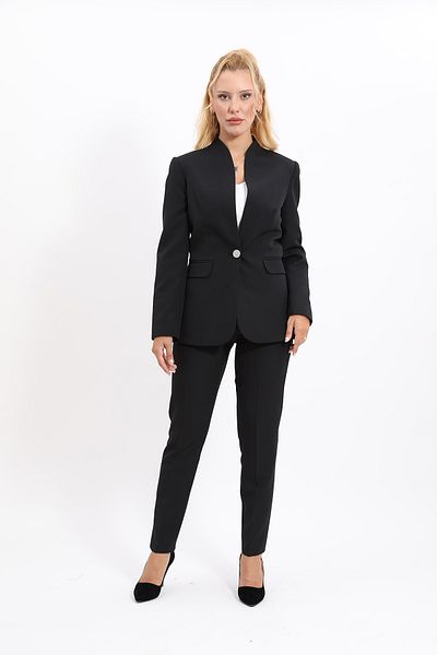 ÖNDER ÖZSOY Black Collarless Jacket and Tube Leg Trousers Set