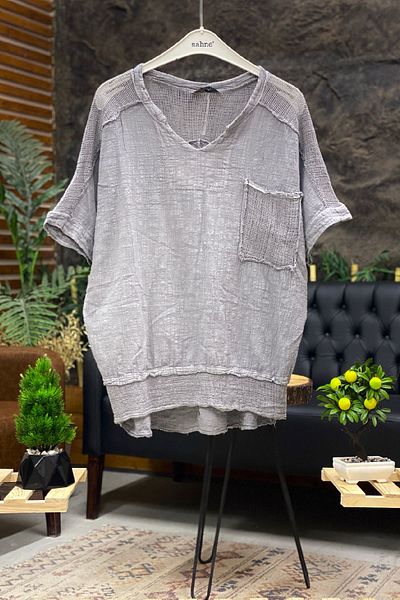 sahnemoda Judge Collar Shoulder Pocket Mesh Linen Blouse