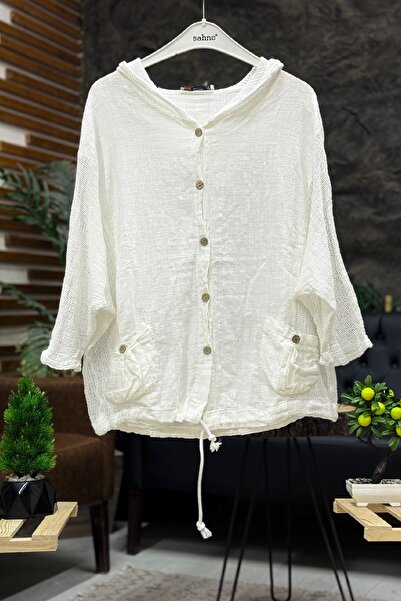 sahnemoda Linen Hooded and Side Mesh Garnished Cardigan