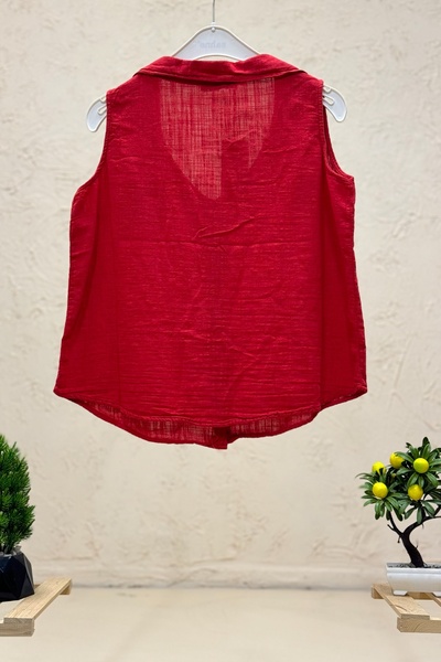 sahnemoda Wooden Buttoned Linen Vest - with Collar and Pockets