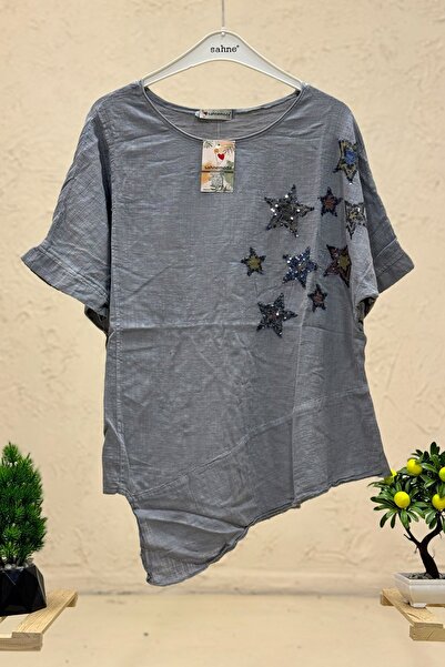 sahnemoda Asymmetrical Linen Blouse - Star Sequin, Short Sleeve