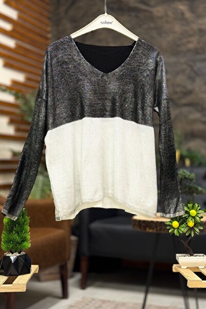 sahnemoda V Yaka İki Renk Uzun Kol Varaklı Triko Kazak