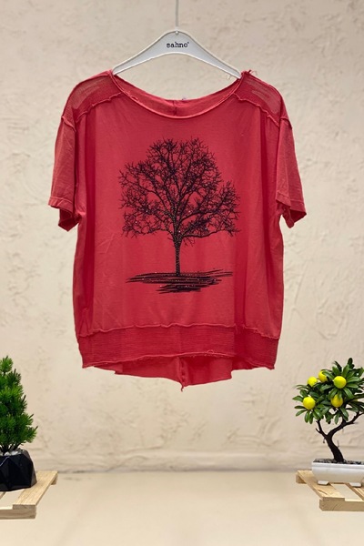 sahnemoda Μπλουζάκι με κοντό μανίκι με στάμπα από βαμβακερό χτενισμένο