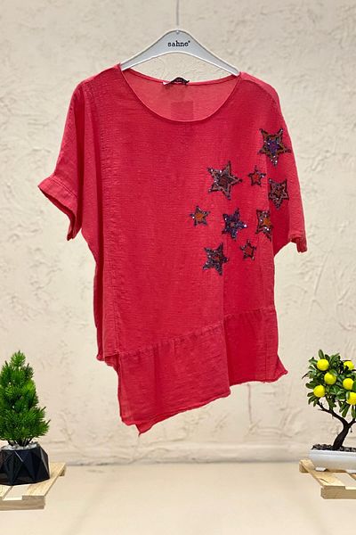 sahnemoda Asymmetrical Linen Blouse - Star Sequin, Short Sleeve