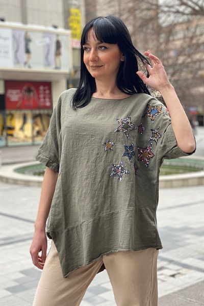 sahnemoda Asymmetrical Linen Blouse - Star Sequin, Short Sleeve