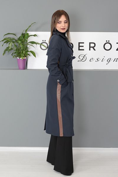 ÖNDER ÖZSOY Bondit Leather Detailed Trench Coat - Navy Blue
