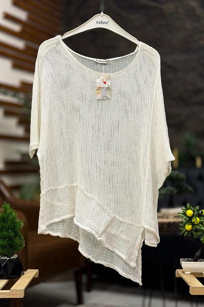 sahnemoda Asymmetrical Short Sleeve Detailed Blouse