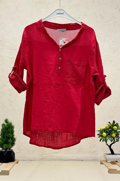sahnemoda Linen Blouse - High Collar, Pocket and Back Mesh Detail