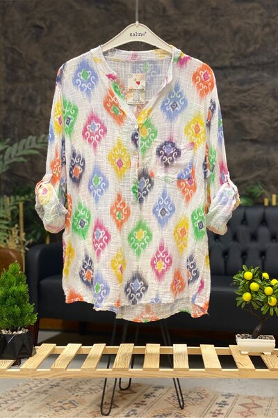 sahnemoda Κεραμικό μοτίβο Judge Collar Εισαγόμενη λινή μπλούζα