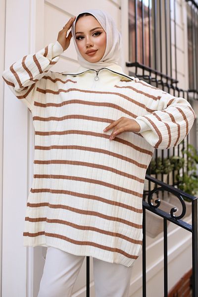 giyze Πλεκτό με φερμουάρ και ριγέ πλεκτό Tunik Mink 11041-32