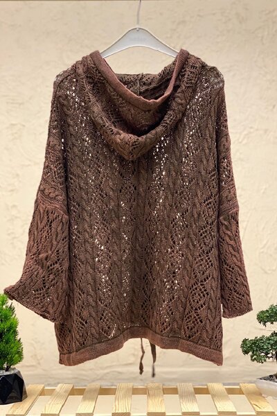 sahnemoda Hooded Zippered Openwork Cardigan
