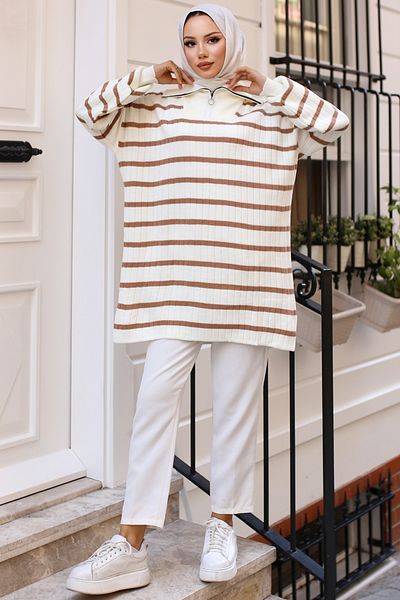 giyze Πλεκτό με φερμουάρ και ριγέ πλεκτό Tunik Mink 11041-32