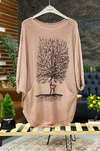 sahnemoda Bluză cu liliac mercerizat cu buzunar cu imprimeu din lemn