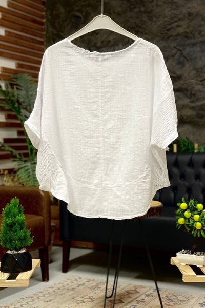 sahnemoda Οβάλ κομμένη μπλούζα από διχτυωτό λινό