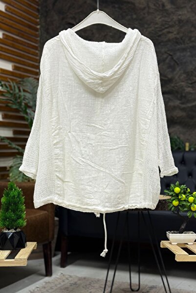 sahnemoda Linen Hooded and Side Mesh Garnished Cardigan