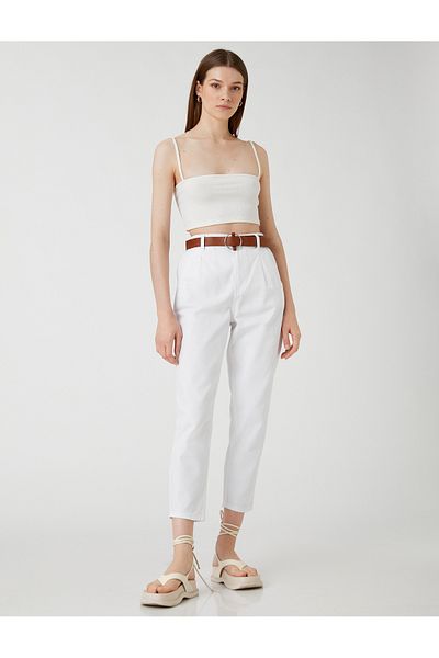 Koton Carrot Trousers with Belt Detail, High Waist Pocket