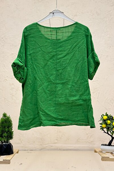 sahnemoda Ιταλική λινή μπλούζα - με κολιέ και κοντό μανίκι