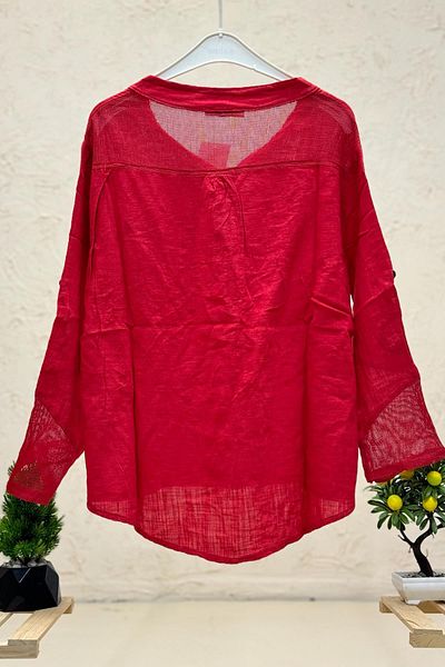 sahnemoda Linen Blouse - High Collar, Pocket and Back Mesh Detail