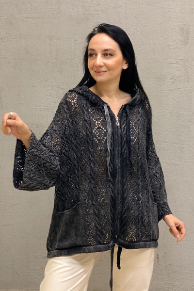 sahnemoda Kapşonlu Fermuarlı Ajurlu Hırka