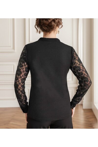 Kokosh moda Μακρυμάνικη δαντέλα κρεπ μπλούζα - Λεπτομέρεια με κουμπιά γιακά