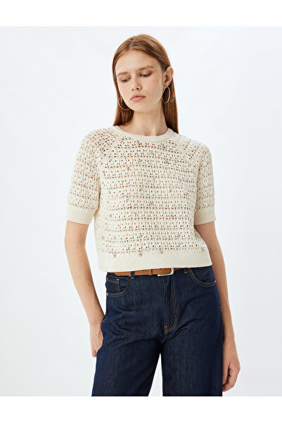 Koton Prolamovaný vyšívaný svetr s korálky - krátký rukáv, výstřih