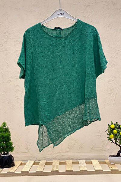 sahnemoda Κοντομάνικη Ασύμμετρη Μπλούζα από Διχτυωτό Λινό