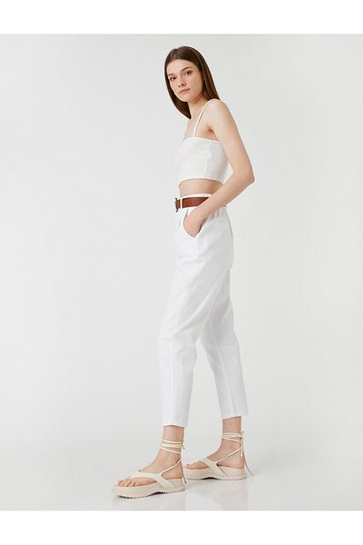 Koton Carrot Trousers with Belt Detail, High Waist Pocket