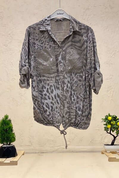 sahnemoda Batik Leopar Desen Pul Detaylı Vual Gömlek