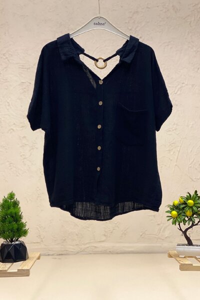 sahnemoda Bluză lejeră din in - spate cu scândură și buclă pentru guler