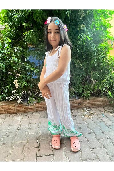 Çikoby Girl's Double Suit Rope Strap Blouse + Printed Trousers White - Green