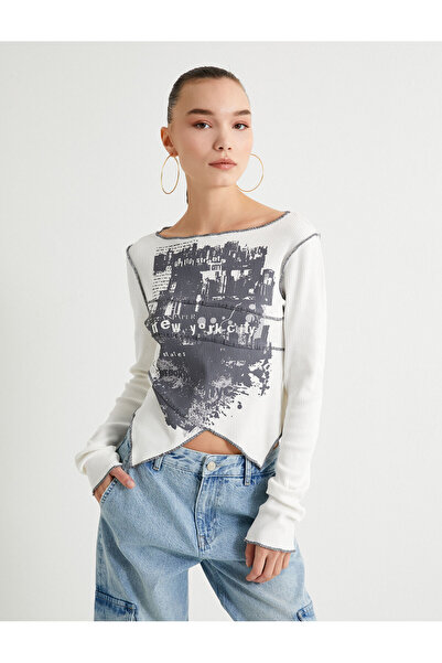 Koton Asymetrické tričko s dlouhým rukávem a potištěným kulatým výstřihem z bavlny