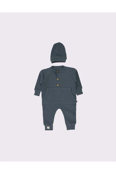 rg kidsstore Natural Waffle Patterned Half Buttoned Baby Romper and Beret