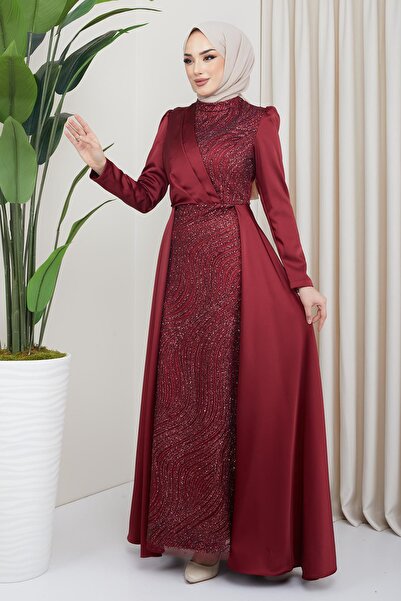 Olcay Szatén hidzsáb estélyi ruha flitterrel és csillogó részletekkel az elején és köpeny szoknya Claret Red 1642