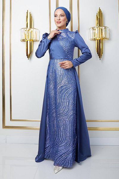 Olcay Hijab-Abendkleid mit Satin-Cape-Rock – Pailletten- und Glitzerdetail, BLAU 1642