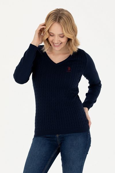 U.S. Polo Assn. Γυναικείο πουλόβερ με λαιμόκοψη σε μπλε ναυτικό βασικό 50269017 -VR033