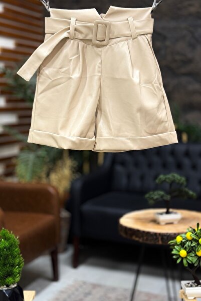 sahnemoda Kemerli Duble Paça Deri Şort