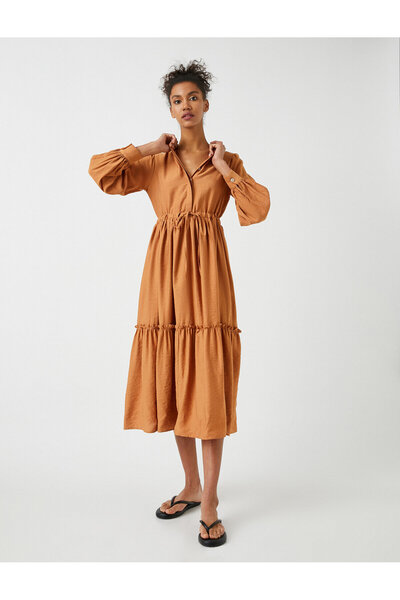 Koton Μακρυμάνικο Midi Viscose Φόρεμα - Βολάν