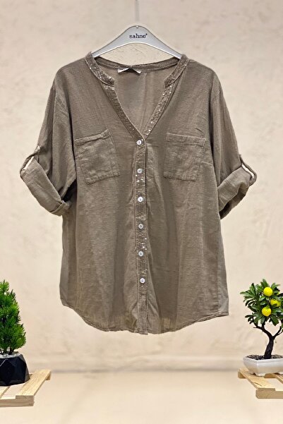 sahnemoda قميص بياقة واقفة من الكتان مزين بالترتر وأزرار