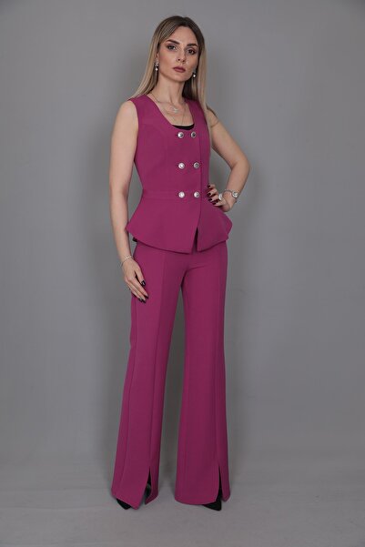 ÖNDER ÖZSOY Aller Yelek & İspanyol Yırtmaçlı Paça Pantolon Takım-Fuşya