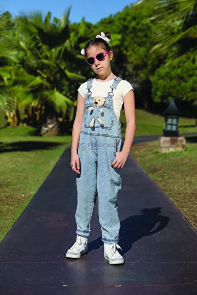 Escabel 3-10 Yaş Kız Çocuk Ayıcıklı Salopet Mavi