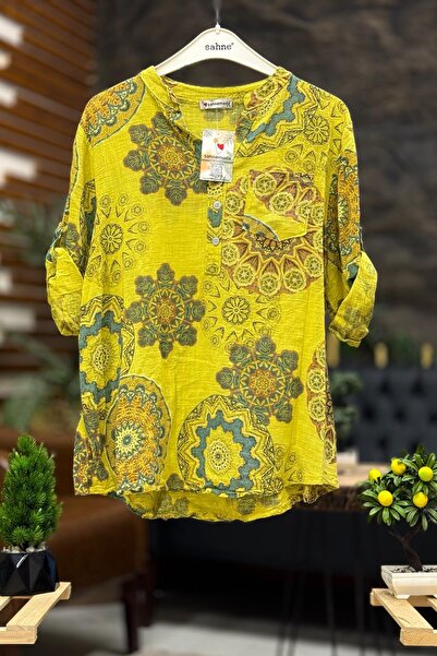 sahnemoda Mandala Ve Çiçek Desen Hakim Yaka Keten Gömlek