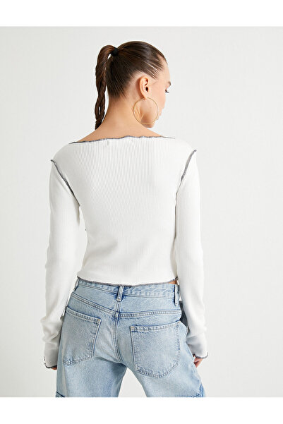 Koton Asymetrické tričko s dlouhým rukávem a potištěným kulatým výstřihem z bavlny