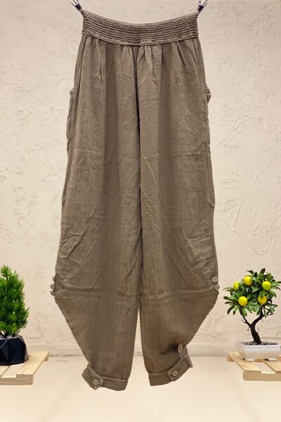 sahnemoda Linen Shalwar Trousers - Cuffed Button and Mesh