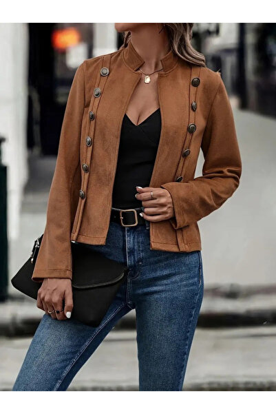 Trendusfashion Semišová bunda s dlouhým rukávem, vysokým límcem a bočními knoflíky