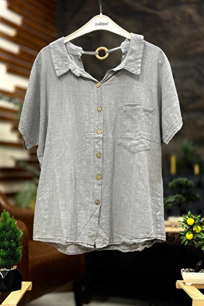 sahnemoda Bluză lejeră din in - spate cu scândură și buclă pentru guler