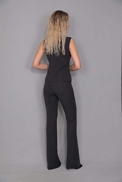 ÖNDER ÖZSOY Boydan Düğmeli Yelek & İspanyol Paça Pantolon Takım-Füme