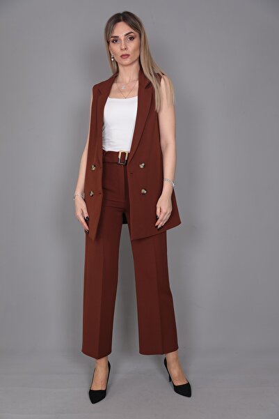 ÖNDER ÖZSOY Midi Boy Klasik Yelek & Kısa Bol Paça Pantolon-acı Kahve
